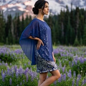 Laundry By Shelli Segal Blue & Silver Sheath Dress with Blue overlay